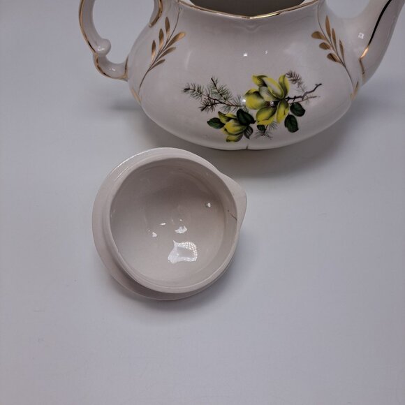 Ellgreave Wood & Sons England Yellow Floral Gold Accented Teapot Ironstone - Picture 5 of 13